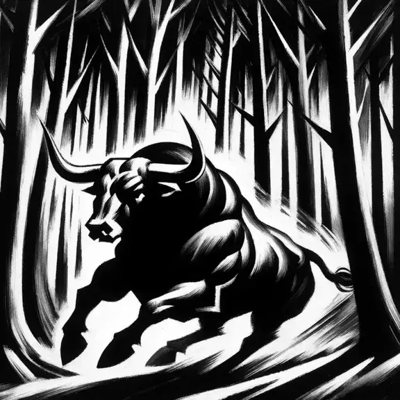 Black and white oil painting of a bull running through a dark forest